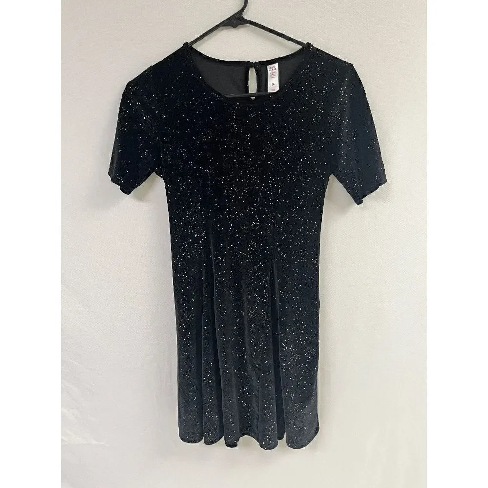 Justice Girls Tunic Short Sleeve Crew neck Velvet with Sequins Dress Black Sz 14